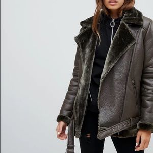 ONLY FAUX LEATHER SHEARLING JACKET L OLIVE GREEN